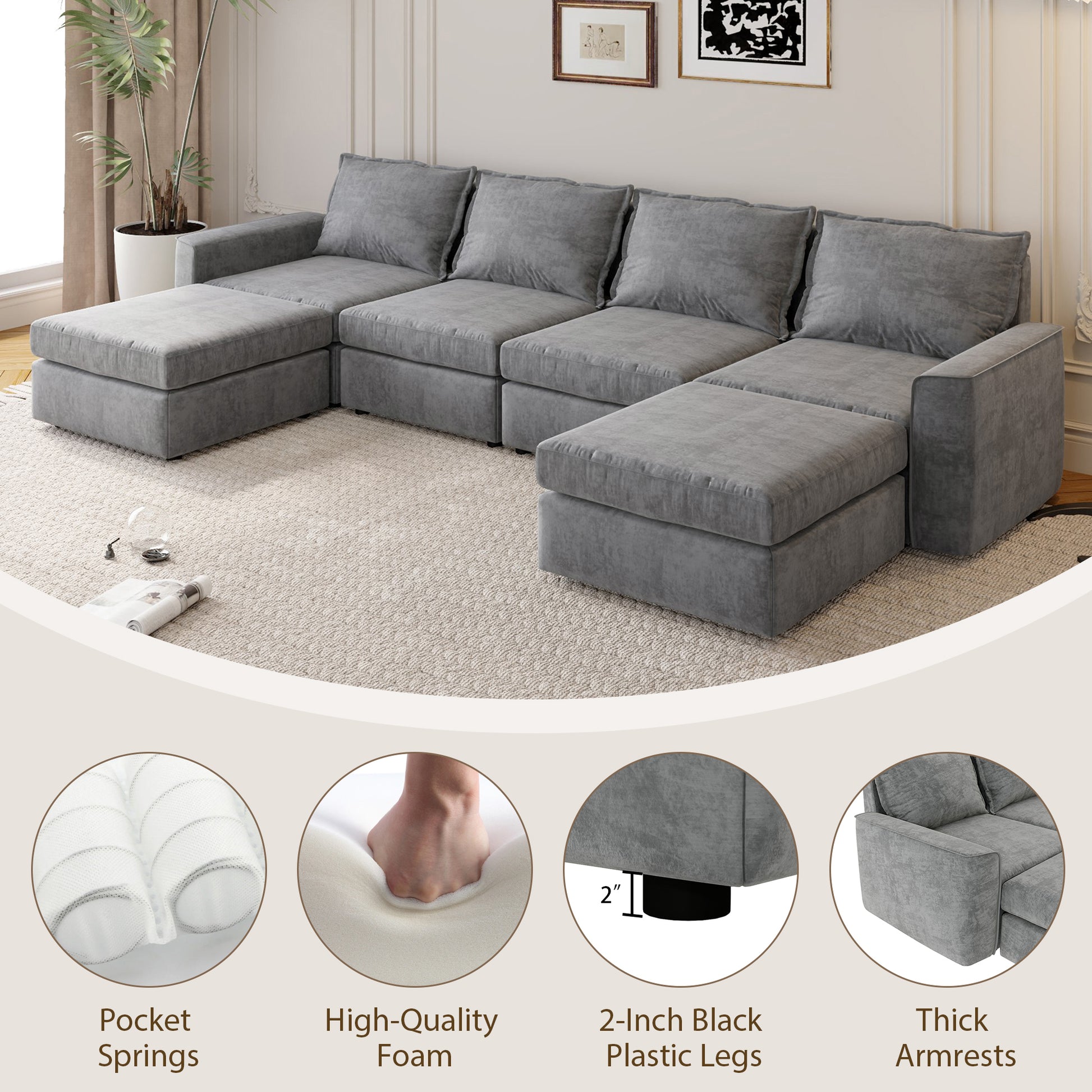 115*58" Chenille Modular Sectional Sofa,U Shaped Reversible Couch,Free Combination,6 Seat Sleeper Sofa Bed With Ottoman,Convertible Oversized Indoor Furniture For Living Room,Gray Gray Chenille 6 Seat