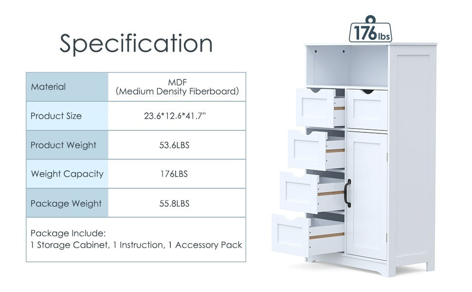 Modern White Wooden Storage Cabinet With Five Drawers And One Doors,Free Standing Cupboard For Kitchen Living Room Bathroom Use, White Ameican White Oak Rubber Wood