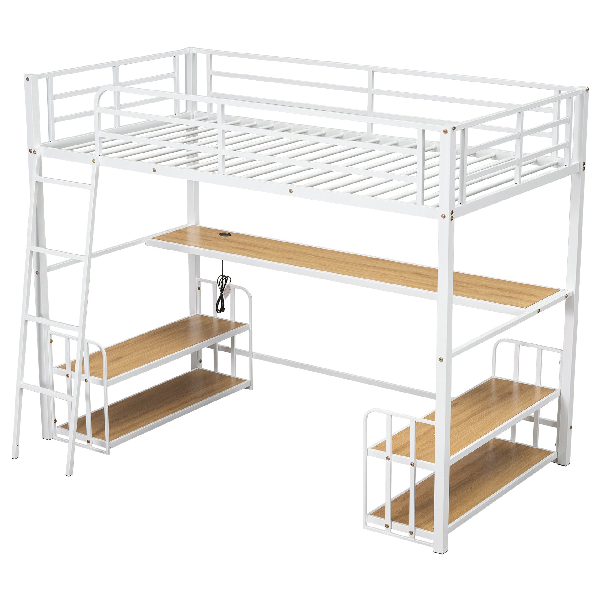 Twin Size Metal Loft Bed With Desk, Storage Shelves And Charging Station, White Box Spring Not Required Twin White Metal Mdf Metal