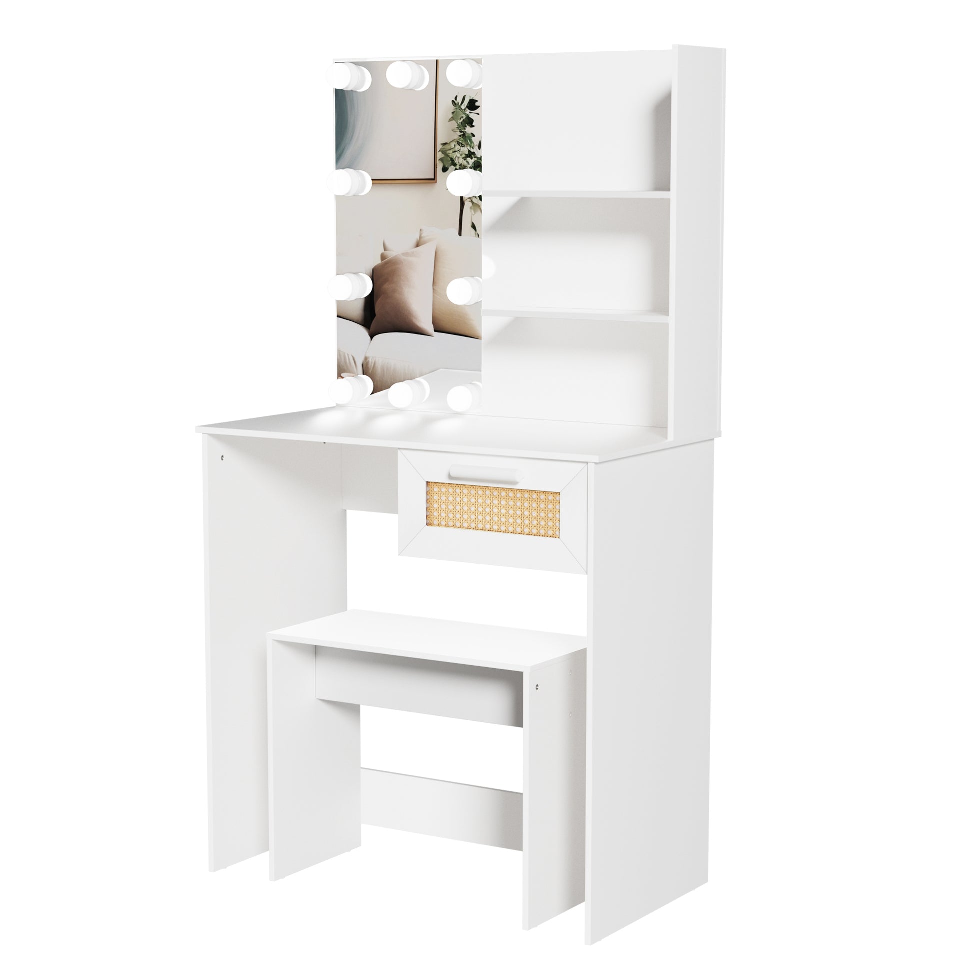 Vanity Desk Set Stool & Dressing Table With Led Lighting Mirror Drawer And Compartments Modern Wood Cosmetic Table Chest Of Drawers White Color Glossy White 1 Drawer Wood