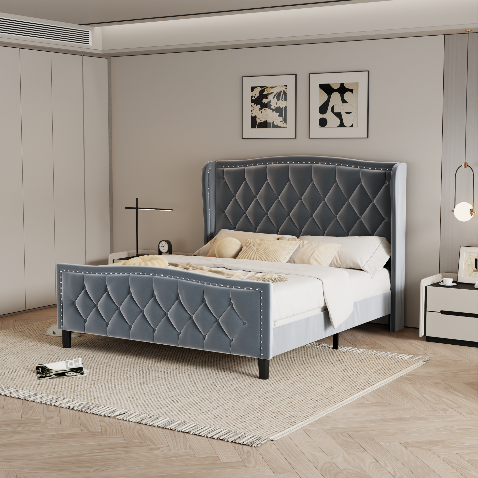 Queen Size Bed Frame, Modern Upholstered Platform Bed With Wingback Headboard, Velvet Bed Frame With Wood Slat Support, Easy Assembly, No Box Spring Needed Gray, Queen Queen Gray Iron