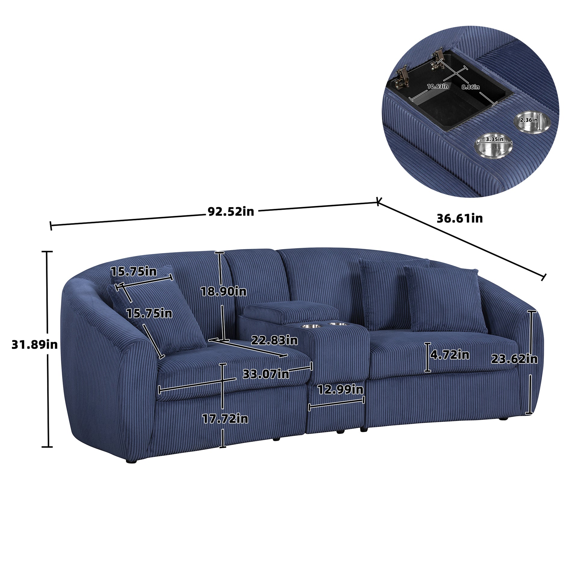 United We Win Corduroy Fabric, Two Cup Holders, Storage, Oversized Two Seat, Solid Wood Frame, High Quality Sponge Filling, Curved Placement Sofa Navy Corduroy 2 Seat