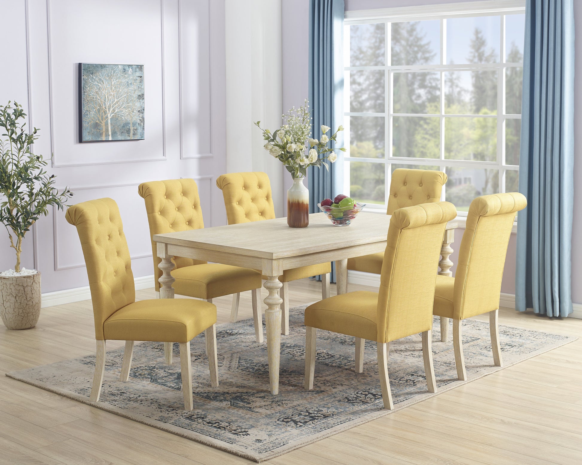 Amonia 7 Piece Dining Set, Turned Leg Dining Table With 6 Tufted Chairs Light Brown Wood Dining Room Fixed Table Rubberwood Rectangular Dining Table With Chair Wood Wood Beige Brown Seats 6 Rectangular 4 Leg Mdf