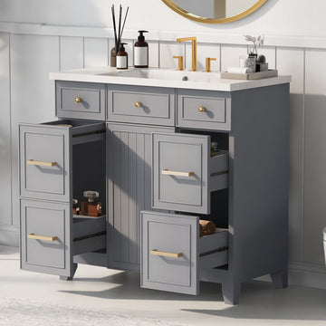 36" Bathroom Vanity Cabinet With Sink Top Combo Set, Grey, Single Sink, Shaker Cabinet With Soft Closing Door And Drawer Gray Solid Wood Mdf Resin