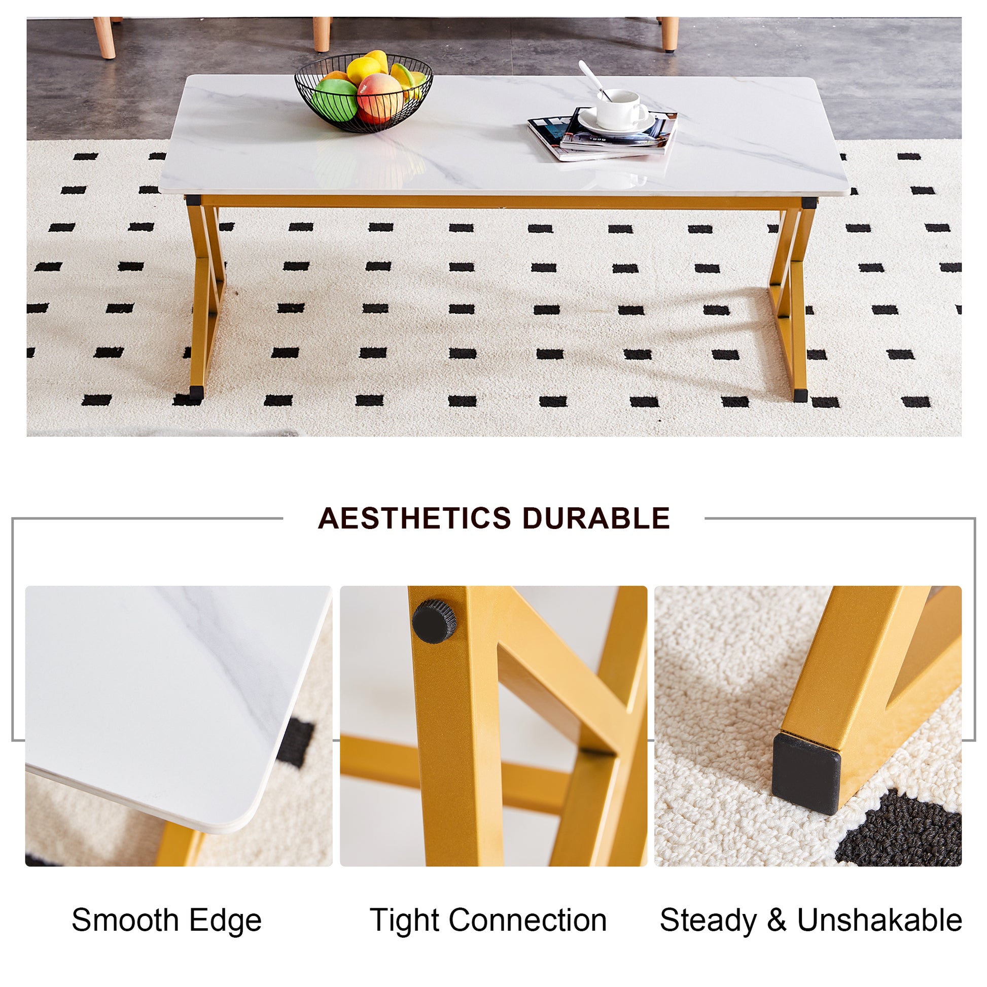 0.4Inch Thick White Marble Patterned Rock Table, Easy To Clean, Paired With Golden Metal Legs, Sturdy And Durable. Large Size Can Meet Various Needs.Can Be Used As A Dining Table, Coffee Table.47*23.6 White Sintered Stone
