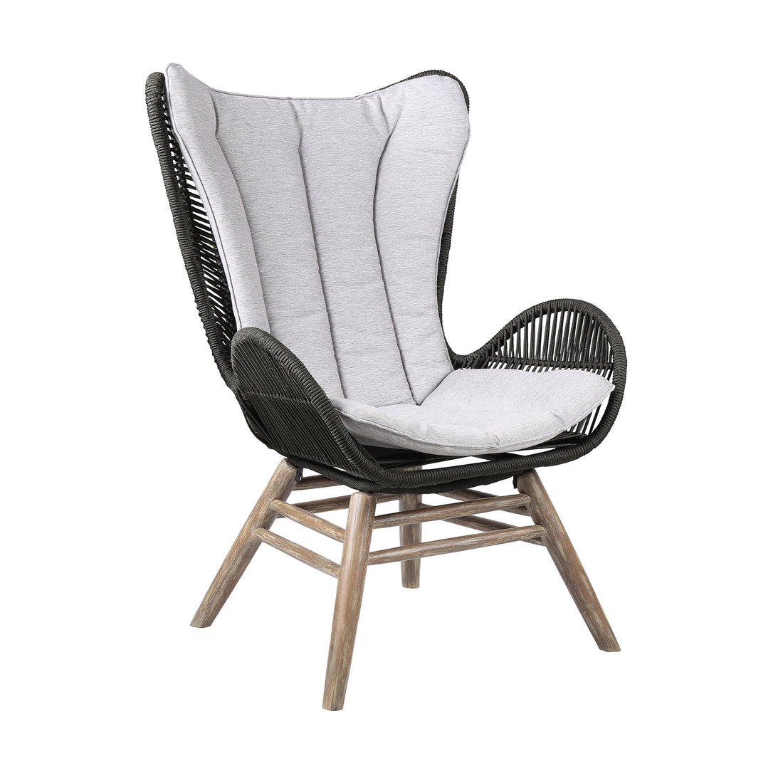 Indoor Outdoor Lounge Chair With Intricate Rope Woven Wingback, Gray Gray Wood Rope