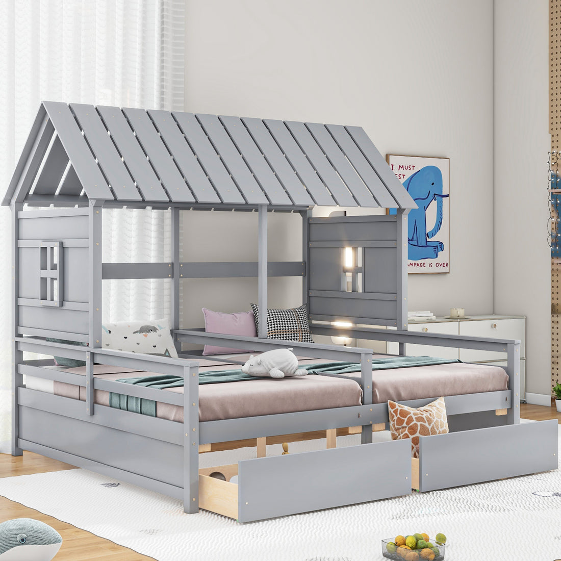 Twin Size House Platform Beds With Two Drawers For Boy And Girl Shared Beds, Combination Of 2 Side By Side Twin Size Beds, Gray Twin Gray Solid Wood Mdf