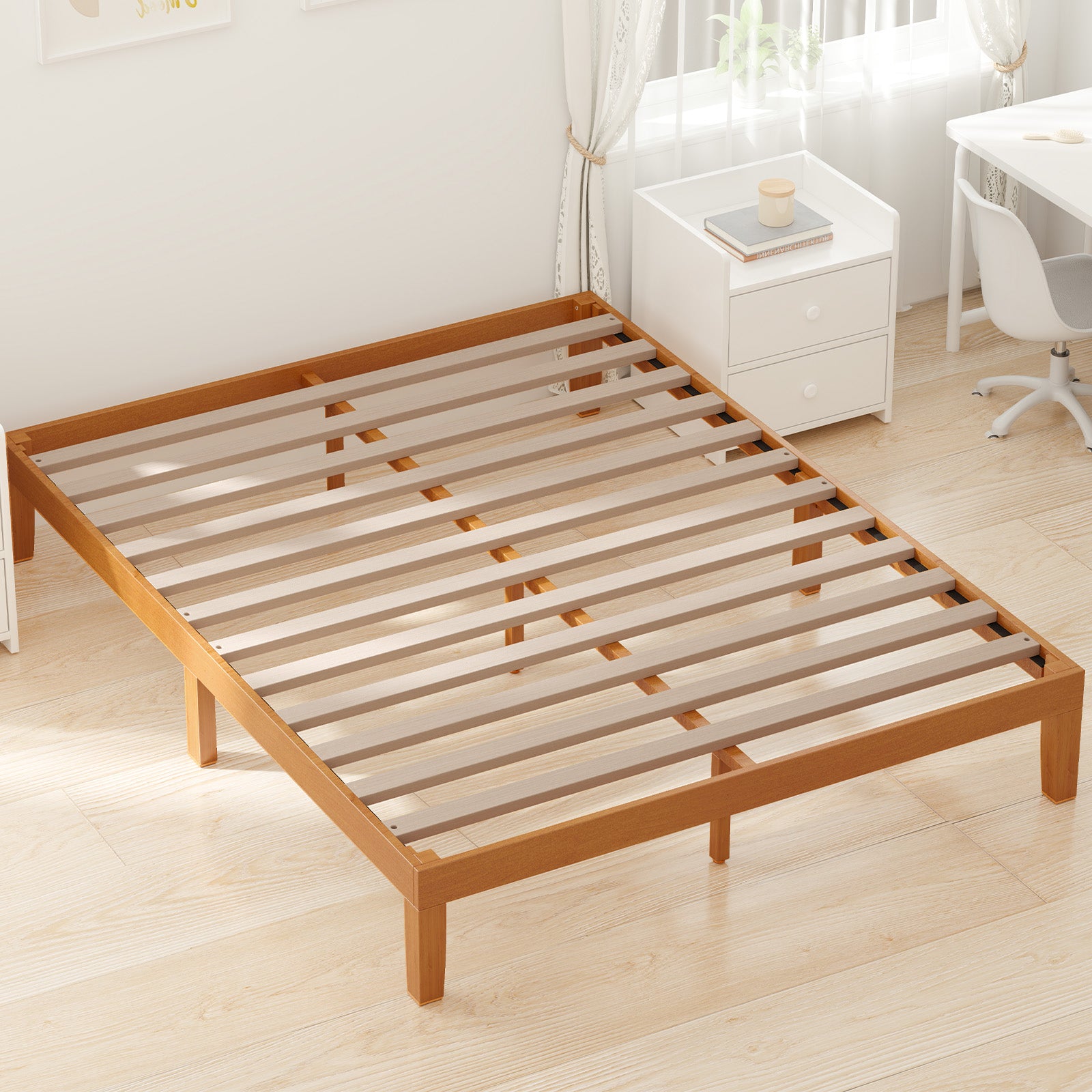 Queen Size Wood Bed Frame, No Spring Needed, 12In Wooden Platform Bed Frame Mattress Foundation With Support Slats, Natural Pine Wood Wood