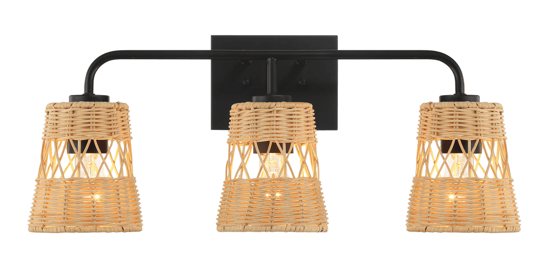 Moonlit Three Lights Wall Sconce With Rattan Shade, Bathroom Lighting Fixtures Over Mirror Black,Rattan Rattan Metal