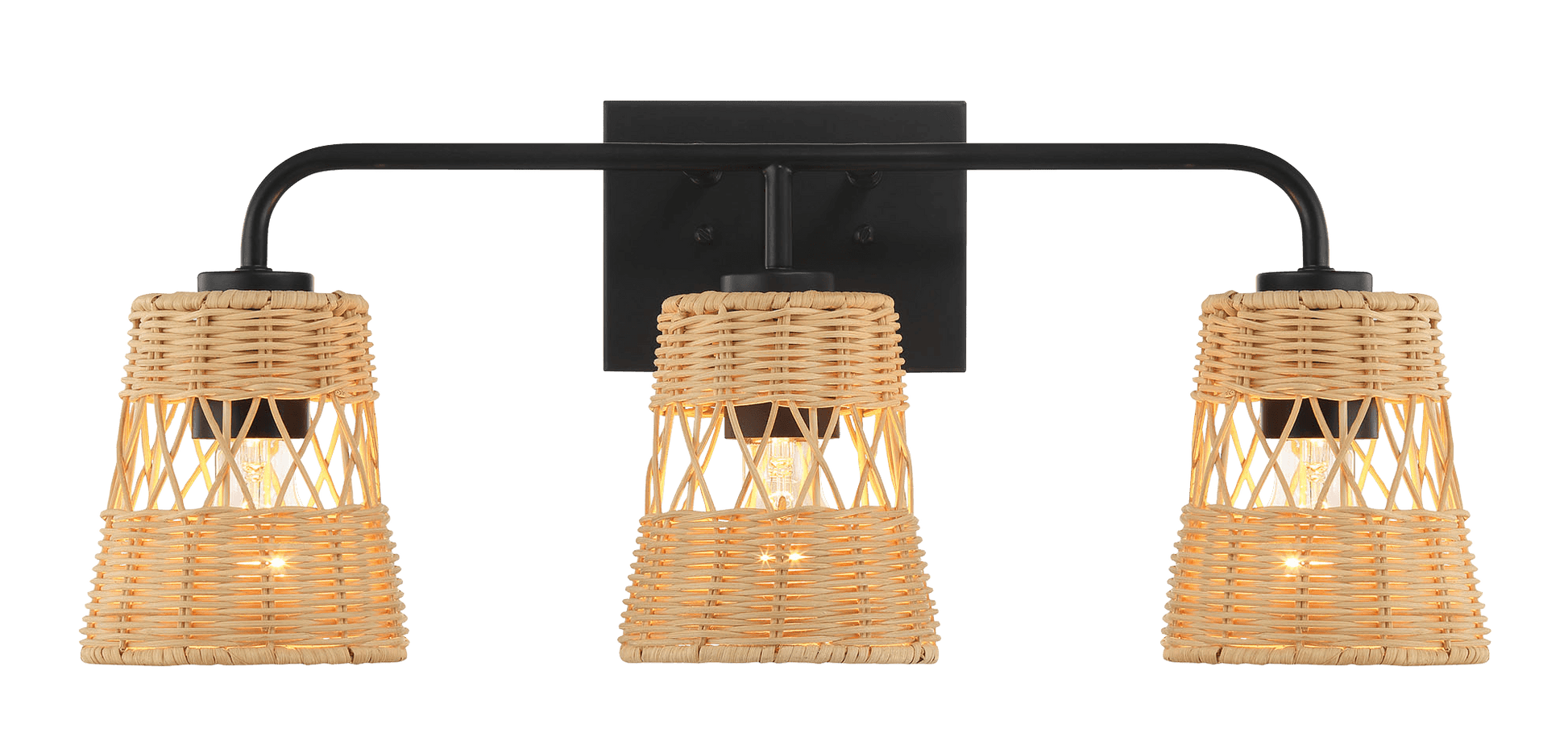 Moonlit Three Lights Wall Sconce With Rattan Shade, Bathroom Lighting Fixtures Over Mirror Black,Rattan Rattan Metal