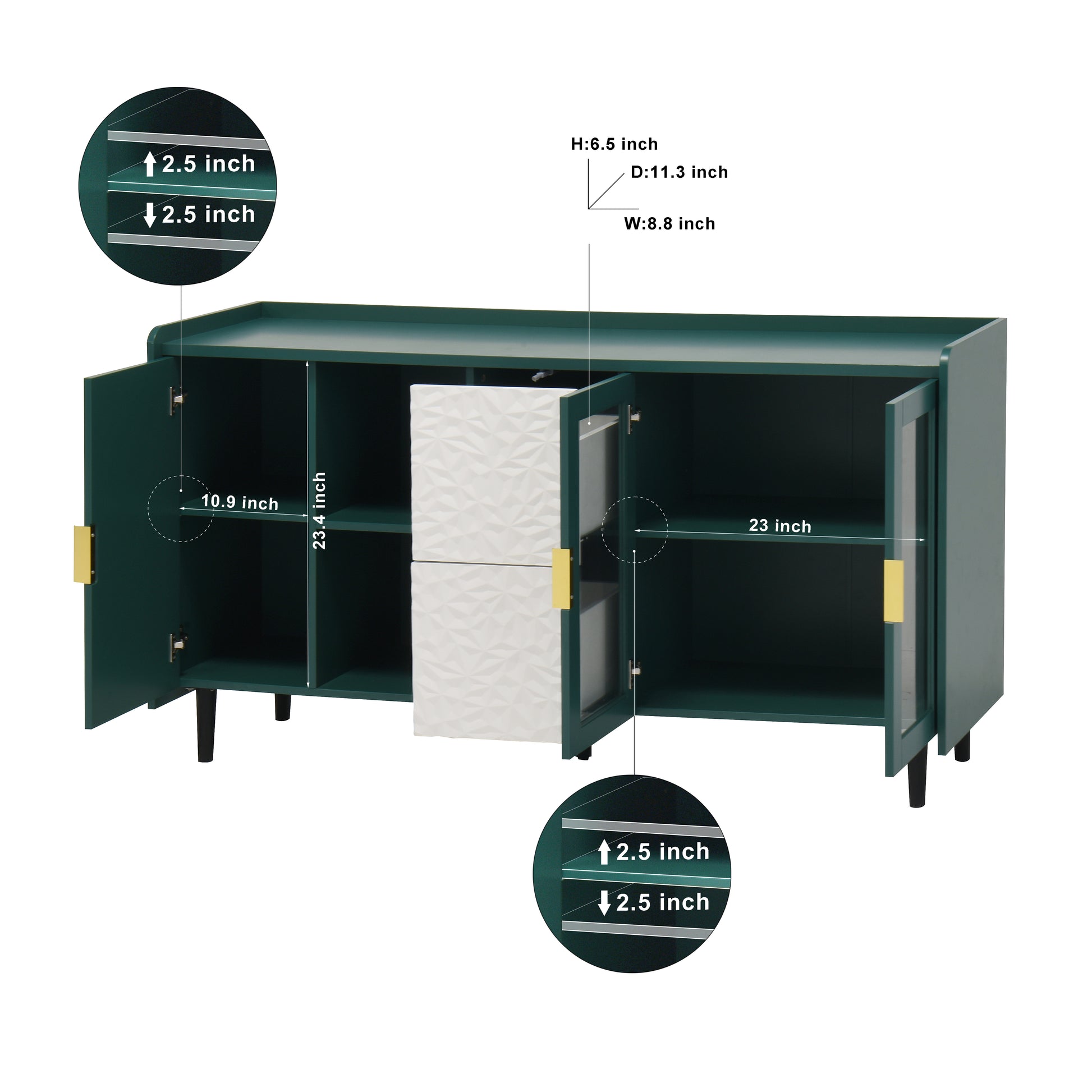 Modern Kitchen Pantry Storage Cabinet55" Coffee Bar Storage Cabinet With 2 Drawers, 2 Open Storage Compartment & 2 Glass Doors, Wood Buffet Table For Kitchen, Living Room, Green Green Mdf