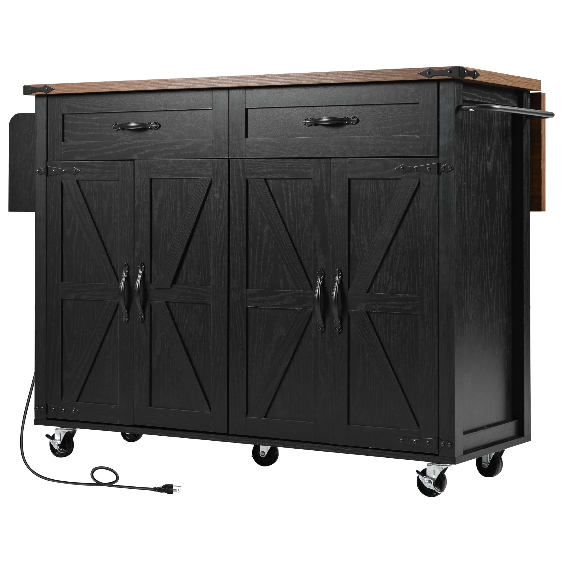 K&K 53.5''Farmhouse Kitchen Island With Power Outlet, Kitchen Storage Island With Drop Leaf, Spice Rack And Drawer, Rolling Kitchen Cart On Wheels, For Home, Kitchen And Dining Room, Black Black