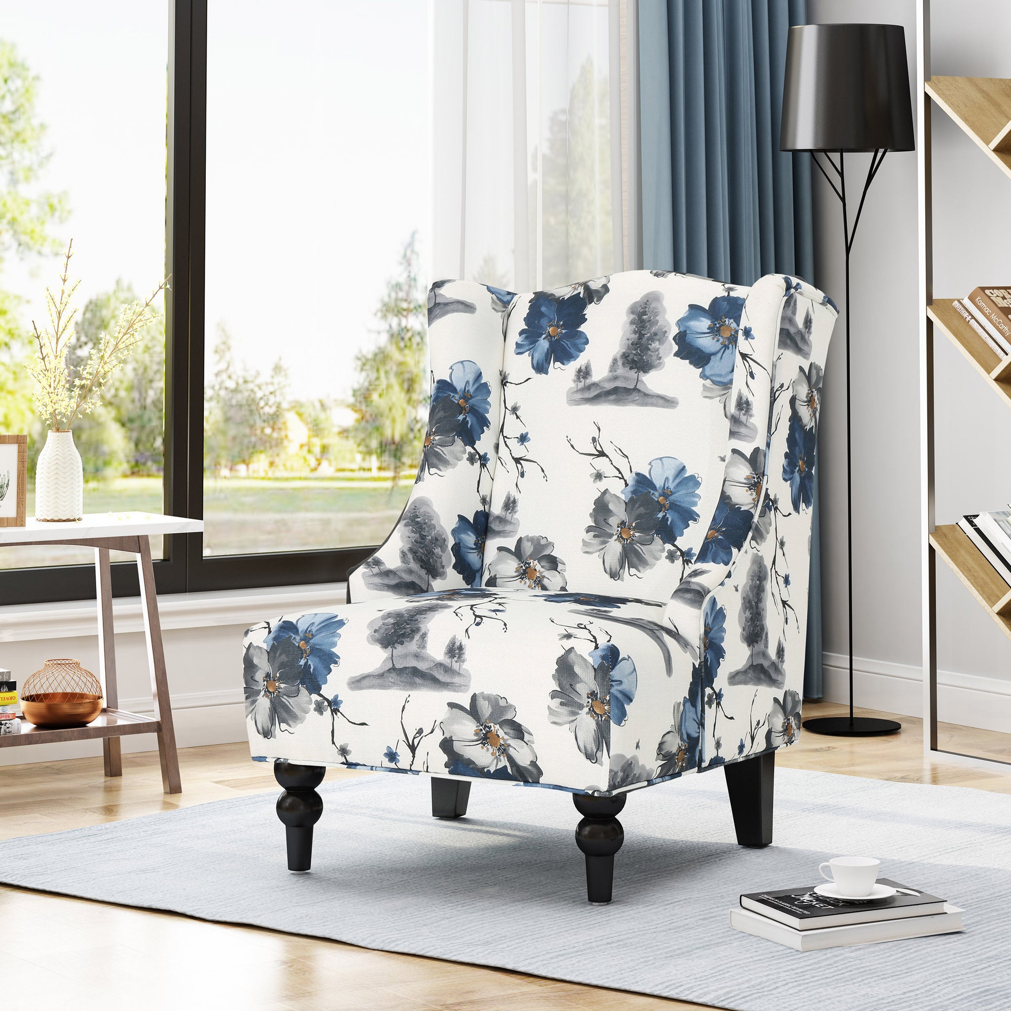 Toddman Hi Back Club Chair, High Back Fabric Club Chair, Print Beige Blue Flower Fabric