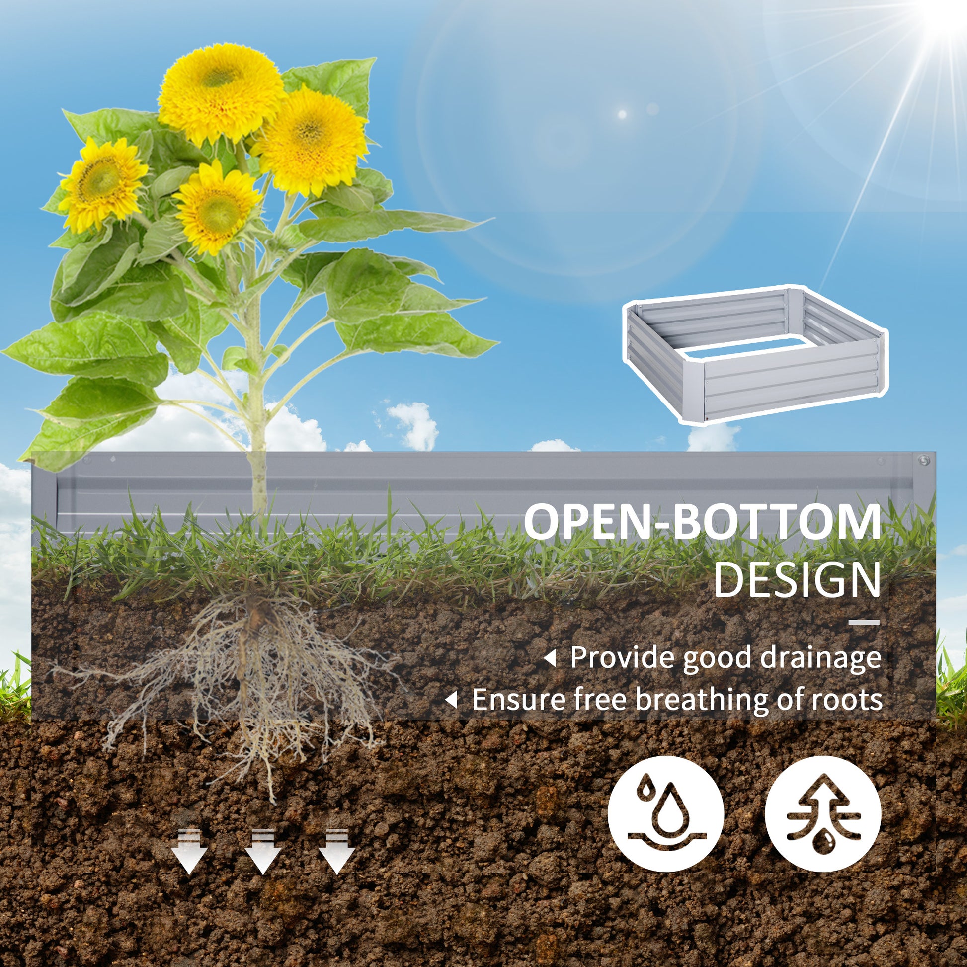 Outsunny 2 Piece Galvanized Raised Garden Bed, 3.3' X 3.3' X 1' Metal Planter Box, For Growing Vegetables, Flowers, Herbs, Succulents, Gray Grey Steel