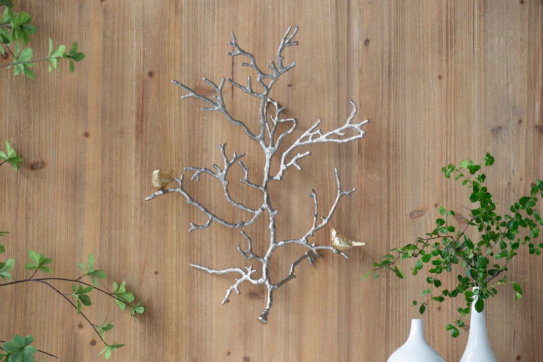 17X5.5X22" Metal Branch Wall Sculptures With Bird Accents Silver Multi Aluminium