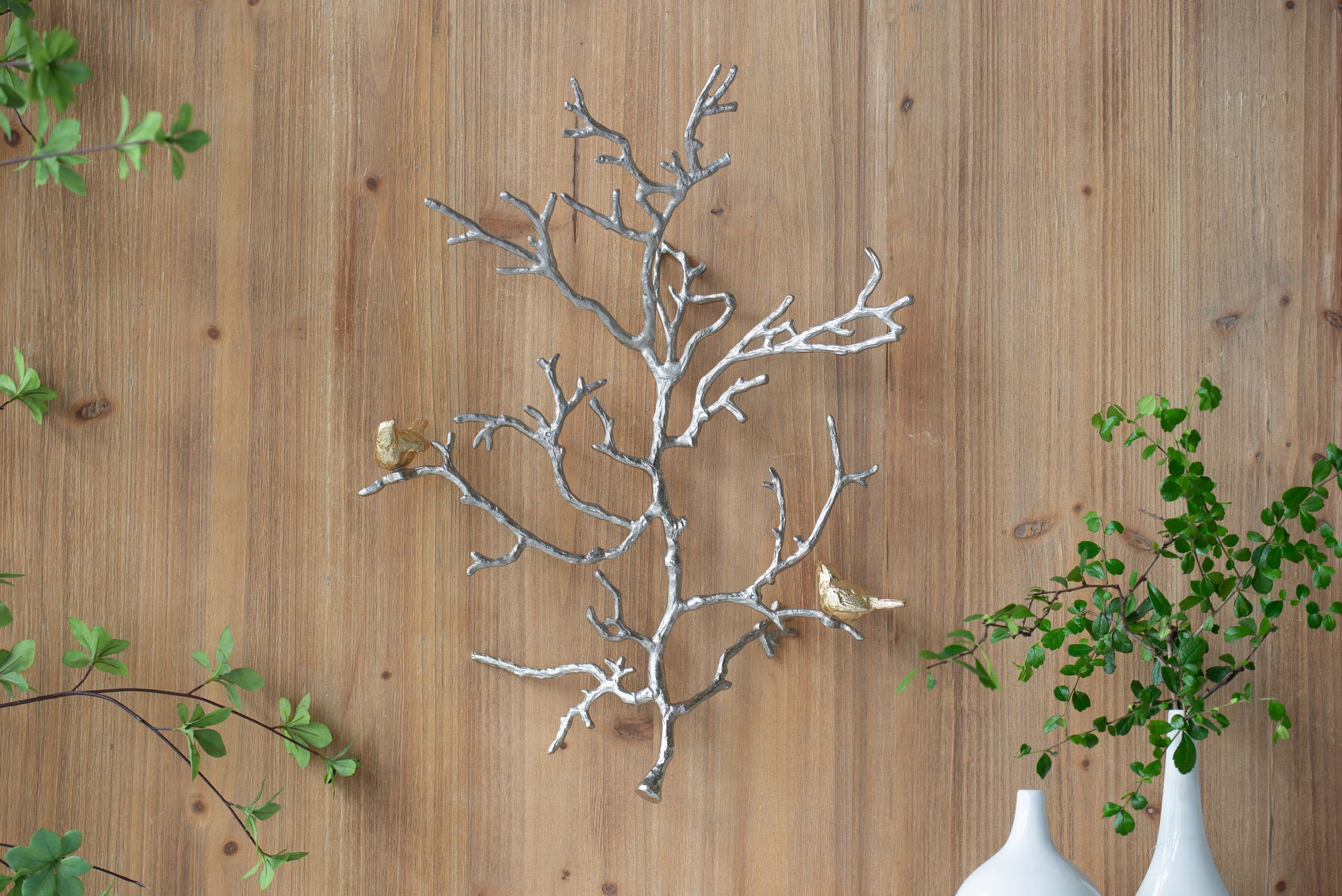 17X5.5X22" Metal Branch Wall Sculptures With Bird Accents Silver Multi Aluminium