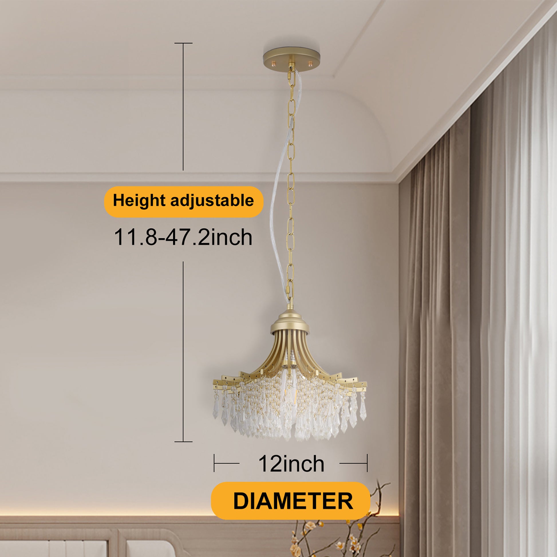 11.75" Dia X 10" H Single Bulb Matte Gold Glass Fan Shape Pendant Chandelier Gold White Metal