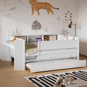 Multi Functional Twin Daybed With Drawers And Trundle, Headboard Storage And Tables, Usb Charging Station, White Box Spring Not Required Twin White Wood Daybeds Pine