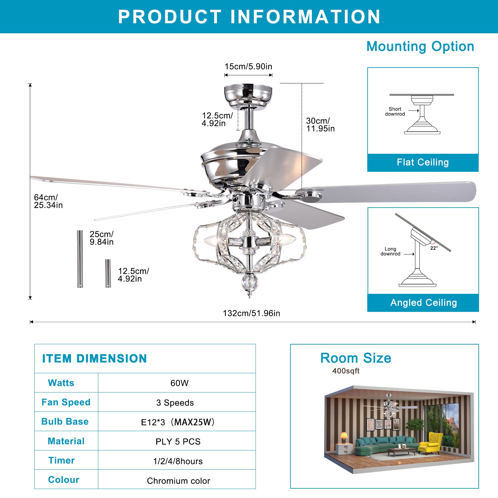 Crystal Ceiling Fan With Lights Fandelier Chandelier Reversible Blades 3 Wind Speeds Remote Control For Bedroom Living Dining Room Chrome 52 Inch Chrome American Design,American Traditional,Retro,Traditional,Vintage Crystal Iron