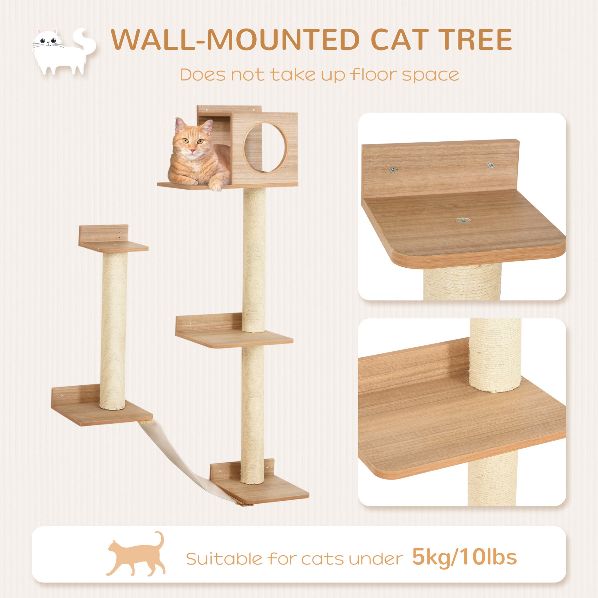 Pawhut Wall Mounted Multi Level Cat Tree Activity Tower With Sisal Covered Scratching Posts & An Interior Condo Area Yellow Pine