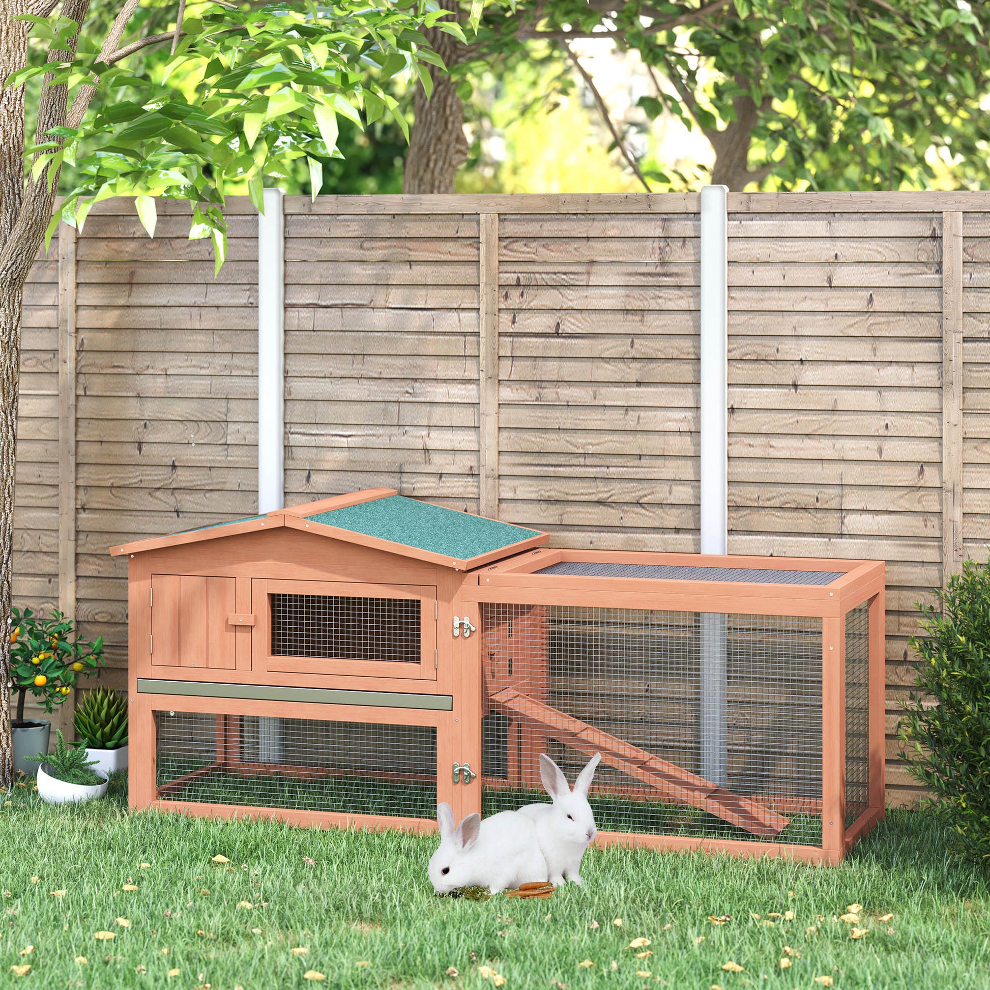 Pawhut Rabbit Hutch 2 Story Bunny Cage Small Animal House With Slide Out Tray, Detachable Run, For Indoor Outdoor, 61.5" X 23" X 27", Natural Natural Wood Wood