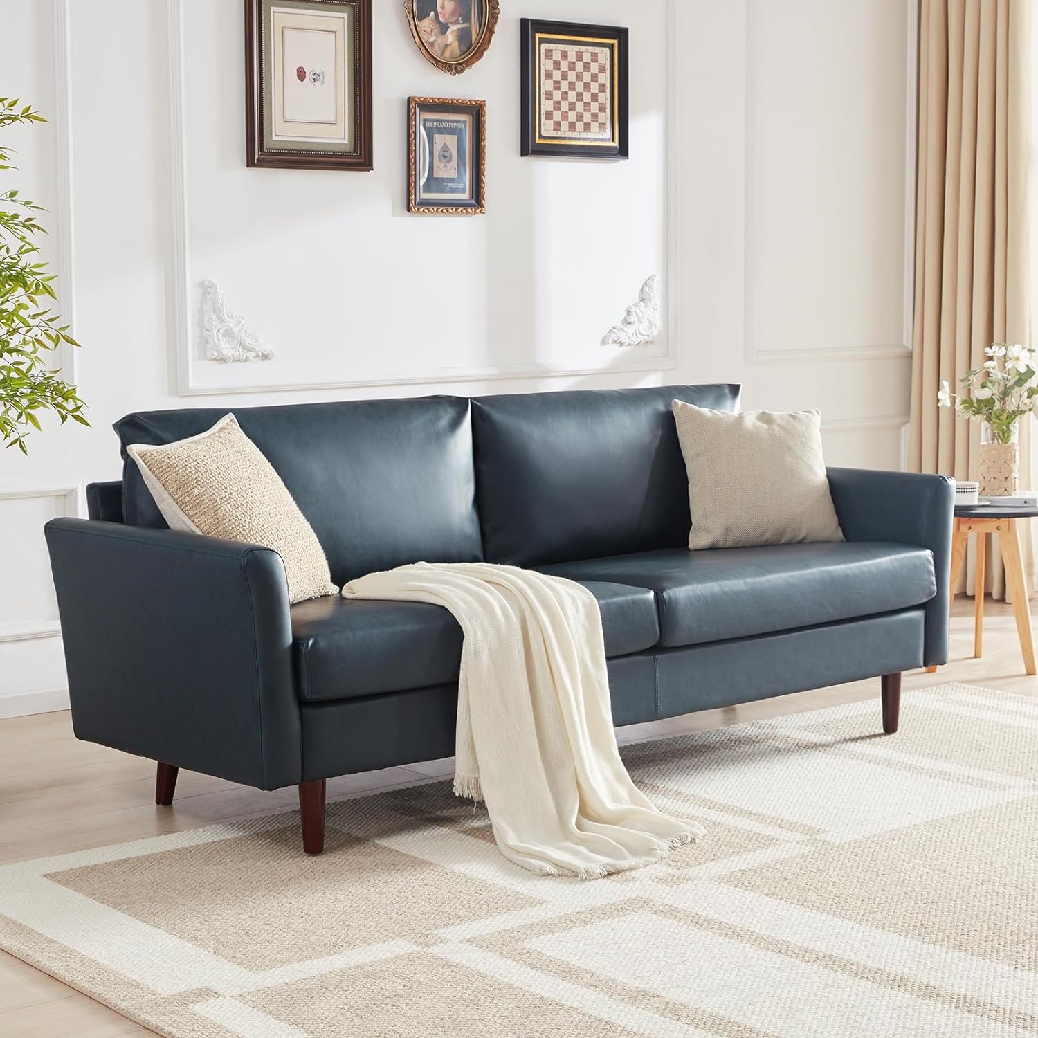 80'' Faux Leather Sofa, 3 Seater Leather Couch With Cozy Wide Seats And Padded Cushions, Mid Century Modern Loveseat Couches For Living Room, Easy Assembly, Blue Light Brown Wood Primary Living Space Heavy Duty Acacia 3 Seat Peacock Blue Faux Leather