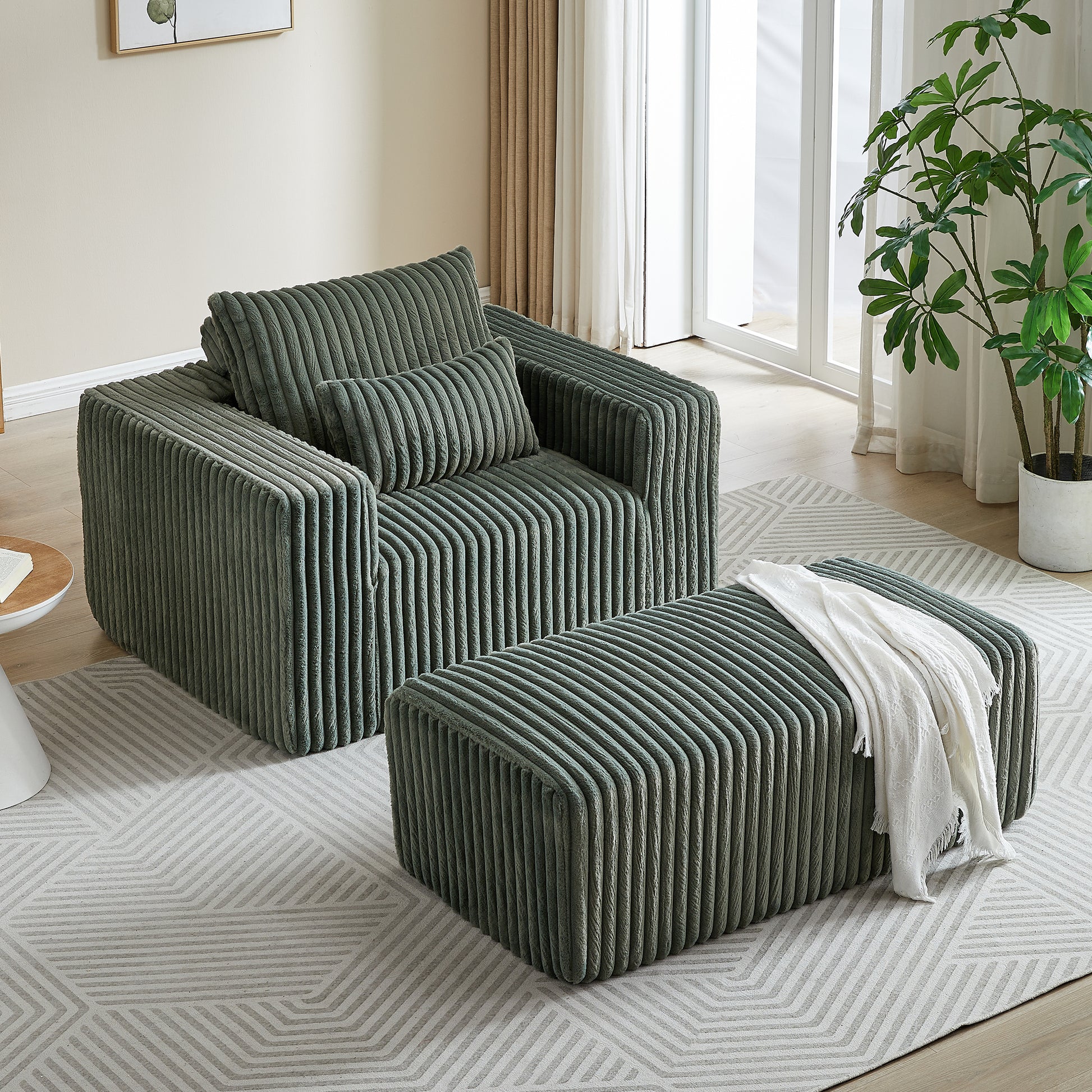 62.5 Inch Corduroy Sponge Sofa Lounge Chair With Removable Footrest,No Assembly Required,Fluffy Modern Sleeper Chair For Indoor Living Room Bedroom Army Green Foam Corduroy 1 Seat
