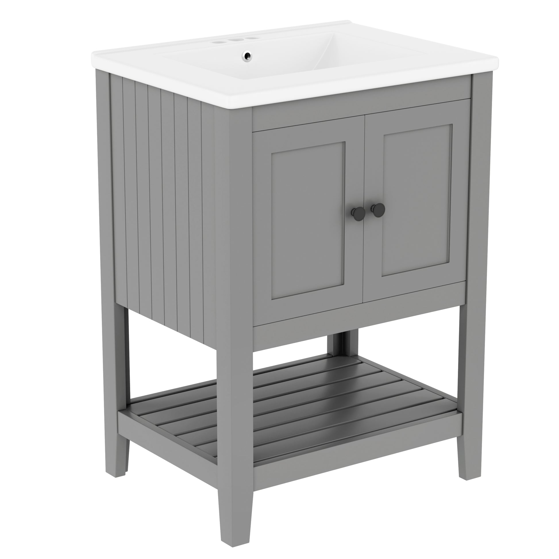 Video 24" Grey Modern Sleek Bathroom Vanity Elegant Ceramic Sink With Solid Wood Frame Open Style Shelf Grey Solid Wood