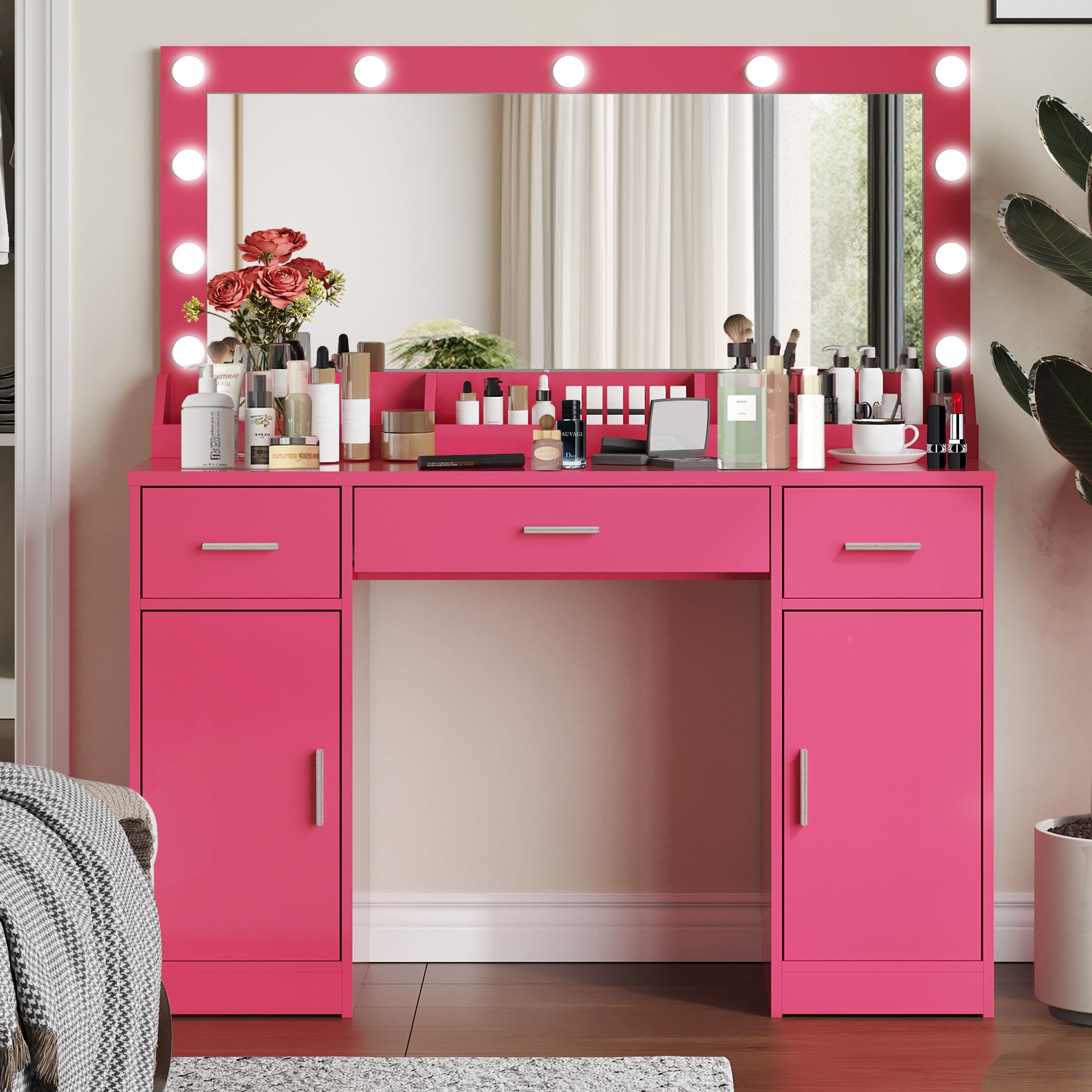 47.2"Vanity Desk With Large Mirror, 3 Colour Lighting Modes, Adjustable Brightness, Dresser With 3 Drawers & 2 Vertical Cabinets, Makeup Vanity Table For Women & Girls Rose Pink Rose Pink Particle Board