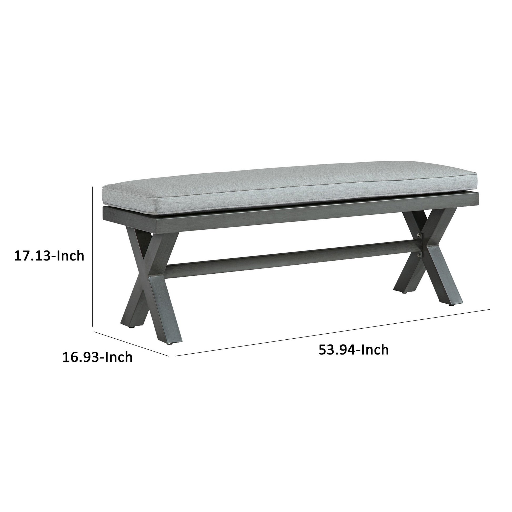 Asp 54 Inch Outdoor Bench, Gray Aluminum Frame, Soft Polyester Cushioning Gray Aluminum