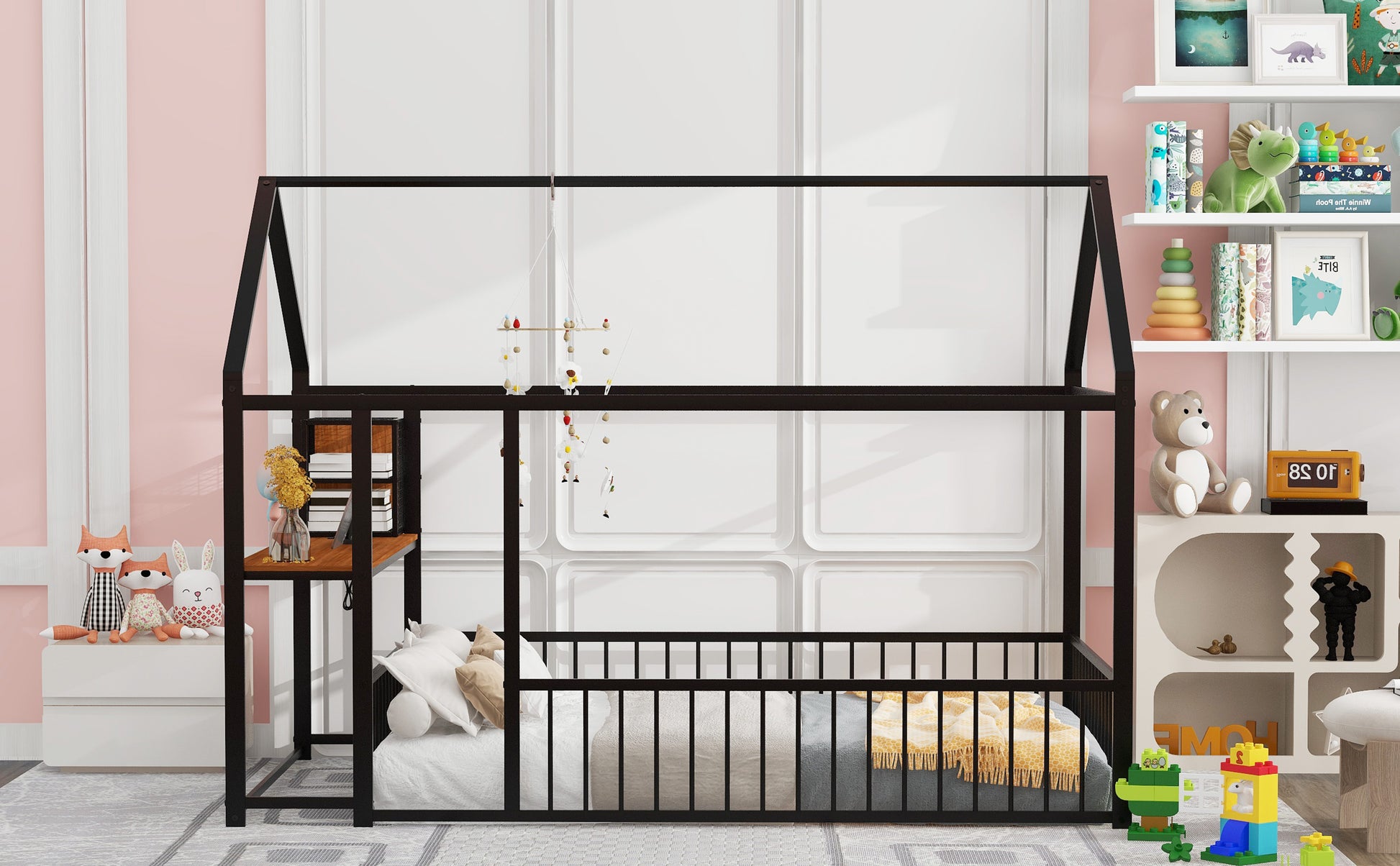 Full Size Metal Bed House Bed Frame With Desk, Shelves, Power Outlets And Usb Ports, Black Full Black Metal