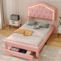 Twin Size Upholstered Platform Bed With Tufted Headboard, Led And A Drawer, Pink Box Spring Not Required Twin Pink Bedroom Faux Leather Upholstered