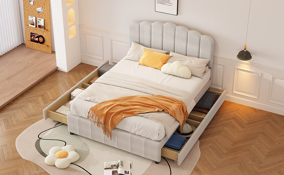 Full Size Upholstered Bed With 4 Storage Drawers,Wood Slat Support, Beige Full Beige Upholstered