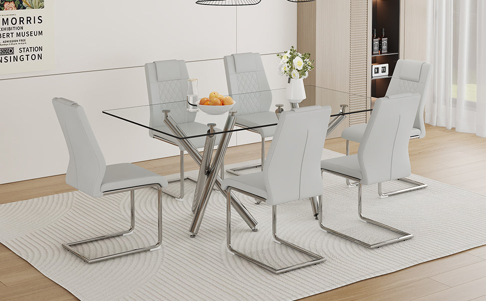 Table And Chair Set.Large Minimalist Rectangular Glass Dining Table For 6 8 With 0.39" Tempered Glass Tabletop And Silver Chrome Metal Legs.Paried With Comfortable Chairs With Pu Seats And Metal Legs. Silver Seats 6 Glass Metal