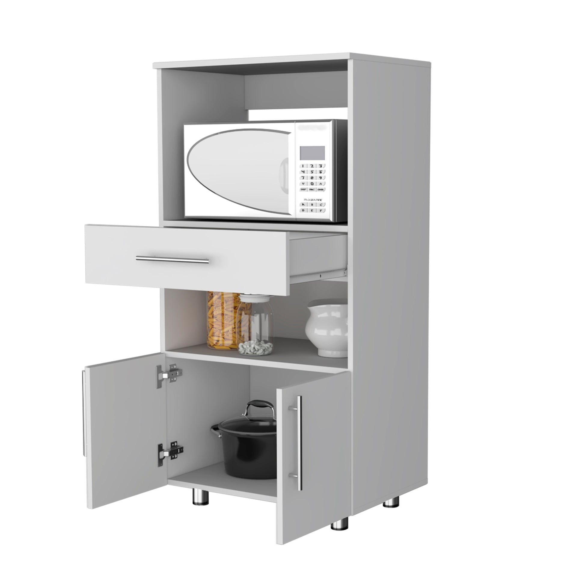 Corsica Pantry Cabinet Microwave Stand, Multi Function With Drawer White White Kitchen Rectangular Particle Board Engineered Wood