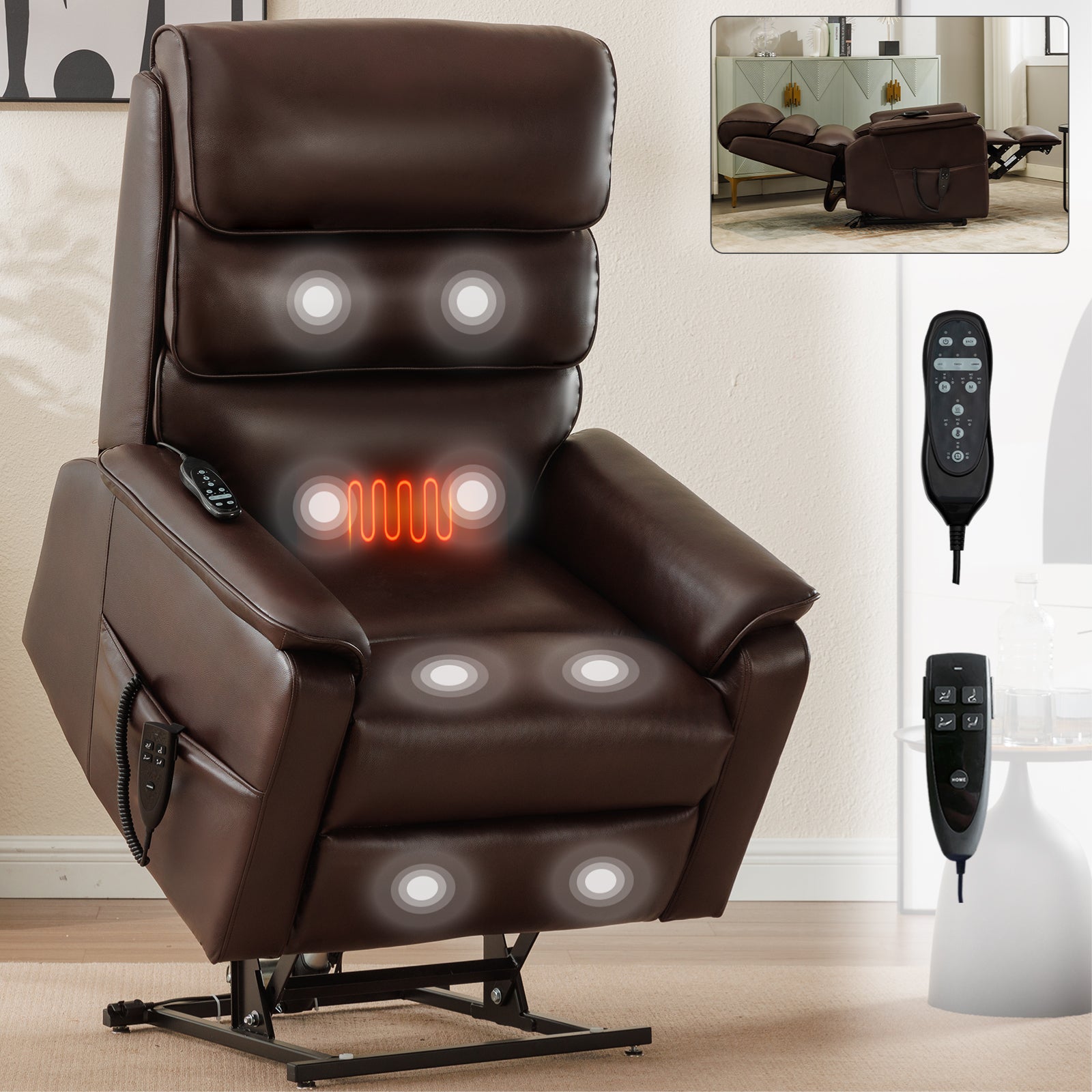 Brown Leatheraire Dual Motor Infinite Position Up To 350 Lbs Power Lift Recliner Chair With Power Remote, Heat Massage And Heavy Duty Motion Mechanism White Metal Primary Living Space Heavy Duty