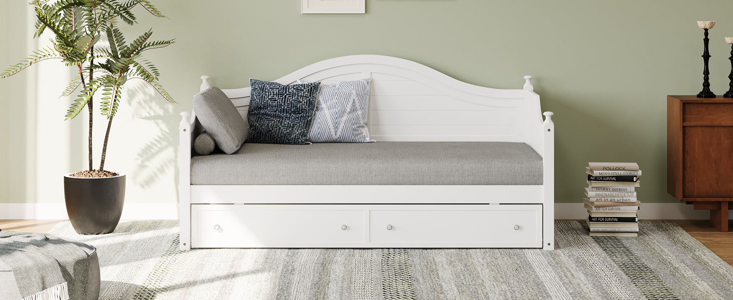Twin Size Wood Daybed With 2 Storage Drawers ,Wooden Sofa Bed With Handrail For Living Room Bedroom, White Box Spring Not Required Twin White Wood Bedroom Wood