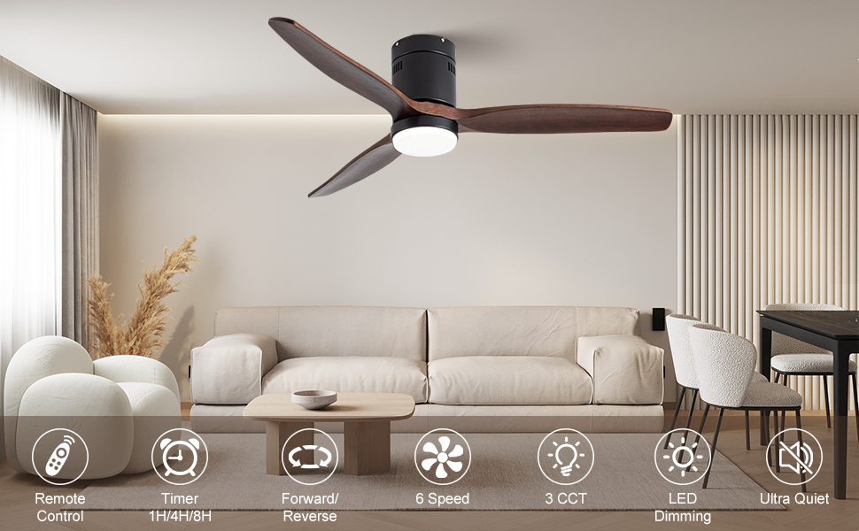 Ceiling Fan With Light, 52 Inch Flush Mount Ceiling Fan, Reversible Blades, 3Cct Low Profile Ceiling Fan With Remote For Bedroom Living Room Walnut Modern Wood