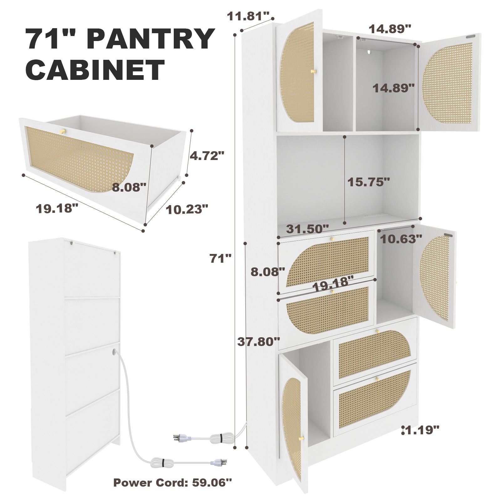 Storage Cabinet With Rattan Doors, Tall Freestanding Hutch Cabinet With Power Outlet,4 Cabinet Door And 4 Drawers& 1 Large Countertop, Buffet Drawer Cabinet Door Design White Dining Room Mdf