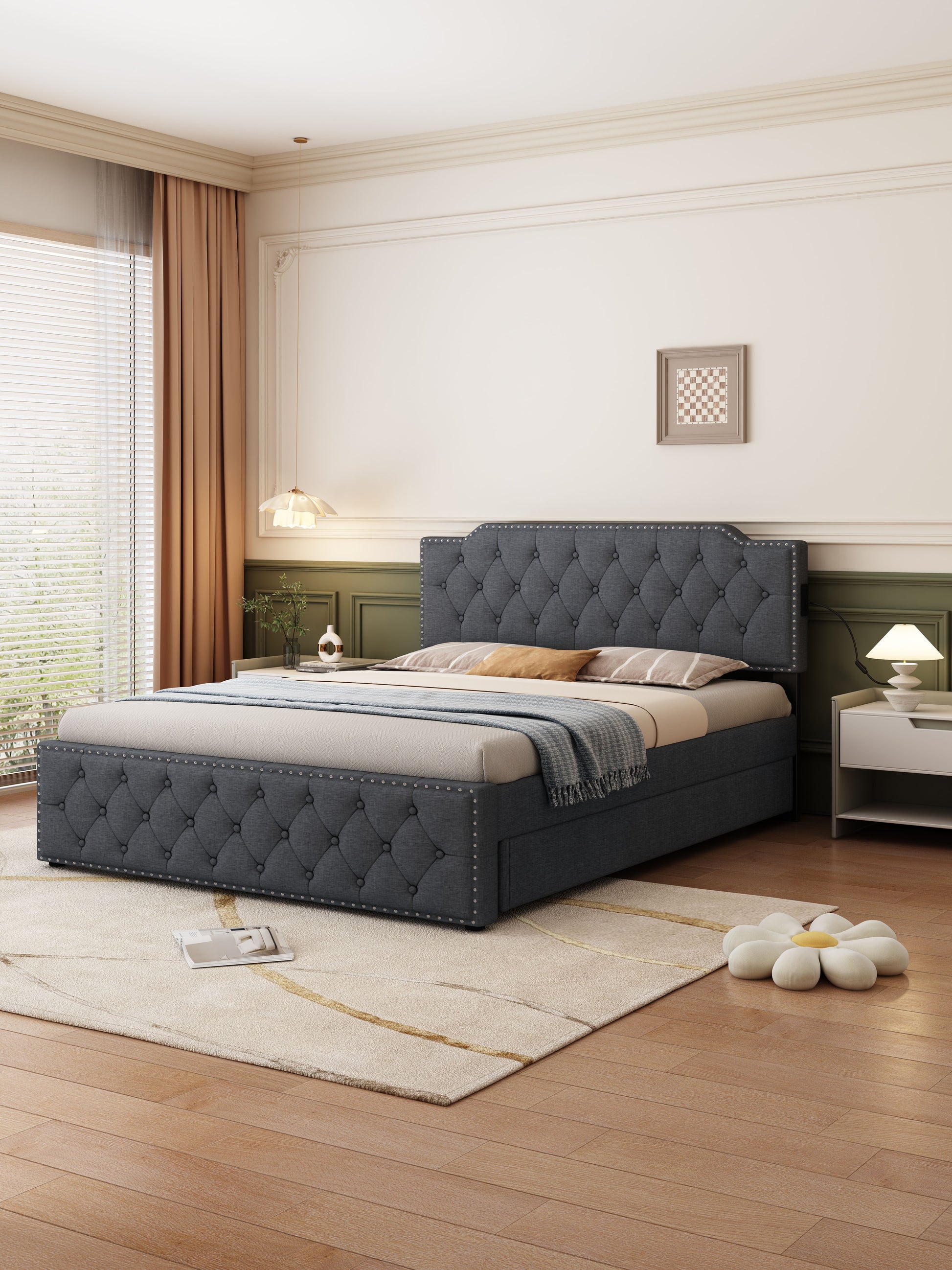 Queen Size Upholstered Platform Bed With Twin Size Trundle And Usb Portsdecorate With Copper Nails,Linen Fabric, Dark Grey Queen Dark Gray Composite Linen Fabric