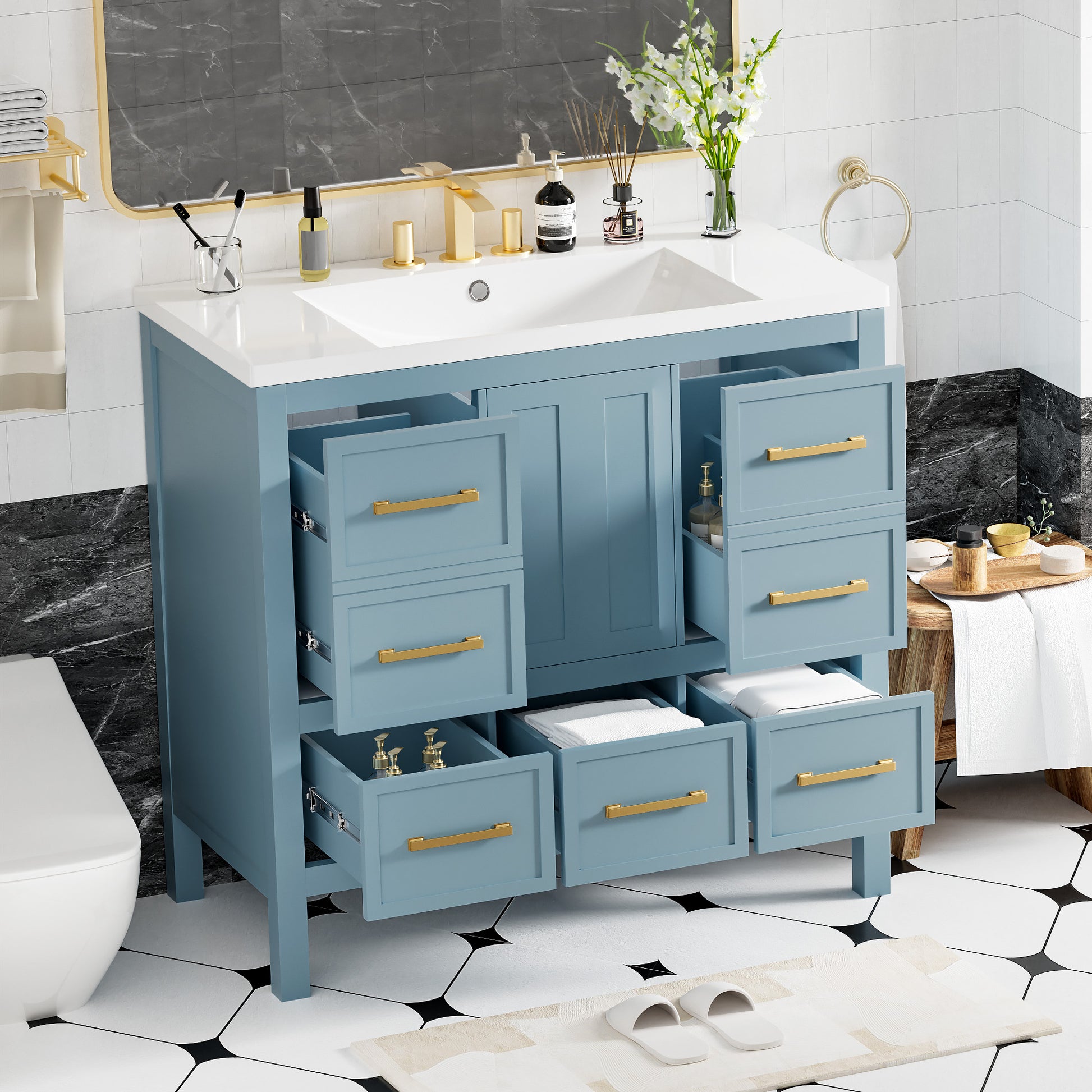 36'' Bathroom Vanity With Resin Sink Combo, Solid Wood Frame Bathroom Storage Cabinet, Freestanding Vanity Set With 5 Drawers& Soft Closing Doors Same As N710S136002M Blue Bathroom Solid Wood Mdf Resin