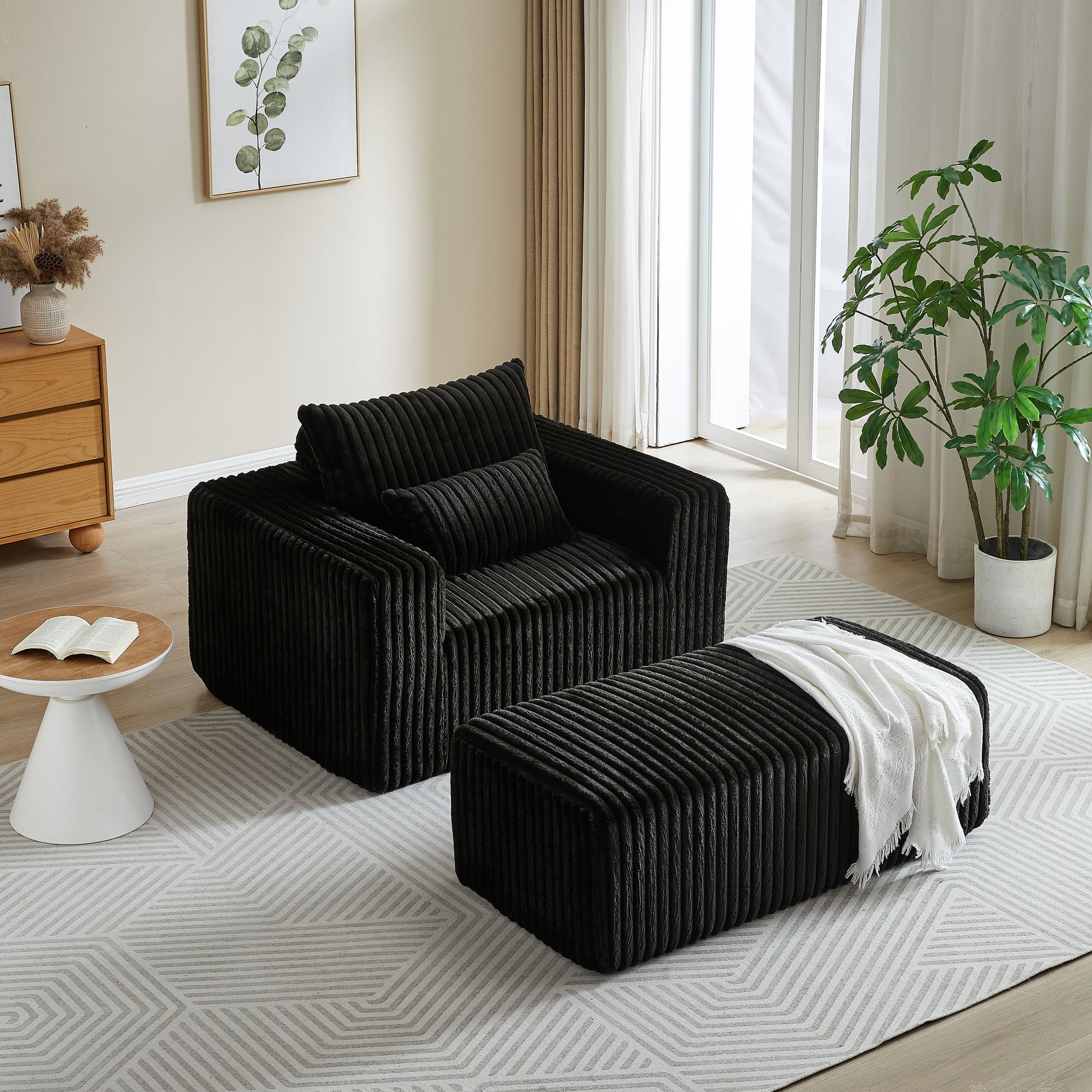 62.5 Inch Corduroy Sponge Sofa Lounge Chair With Removable Footrest,No Assembly Required,Fluffy Modern Sleeper Chair For Indoor Living Room Bedroom Black Foam Corduroy 1 Seat