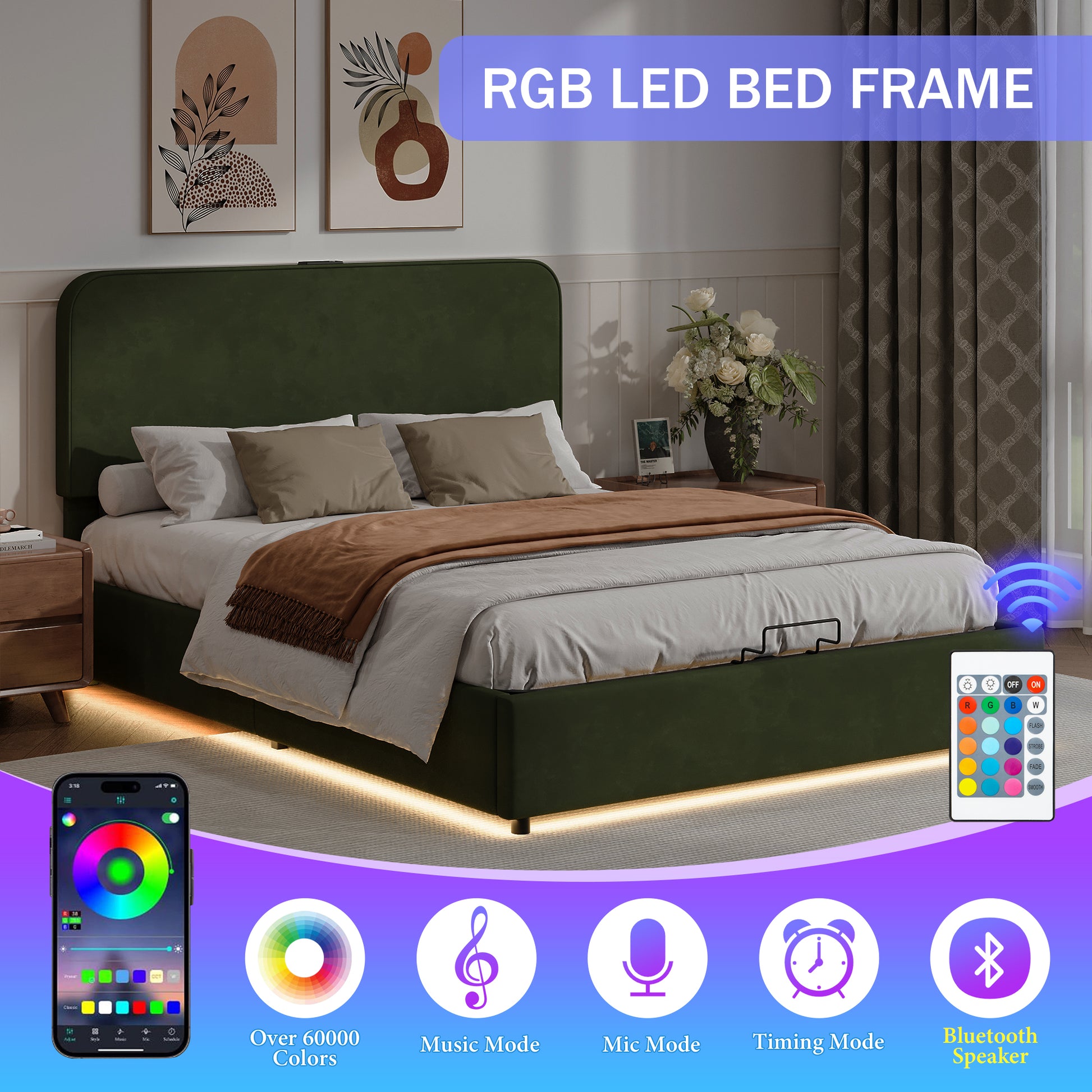 Upholstered Platform Full Size Hydraulic Storage Bed, Lift Up Storage Bed With Rgb Led Light, Bluetooth Speaker, No Box Spring Needed, Lychee Velvet, Green Full Green Velvet Fabric Metal