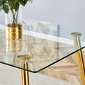 Table And Chair Set.Modern Rectangular Glass Dining Table With A Tempered Glass Tabletop And Metal Legs, Paired With Multiple Chairs Designed With Pu Cushions And Golden Metal Legs. White Gold Seats 6 Tempered Glass