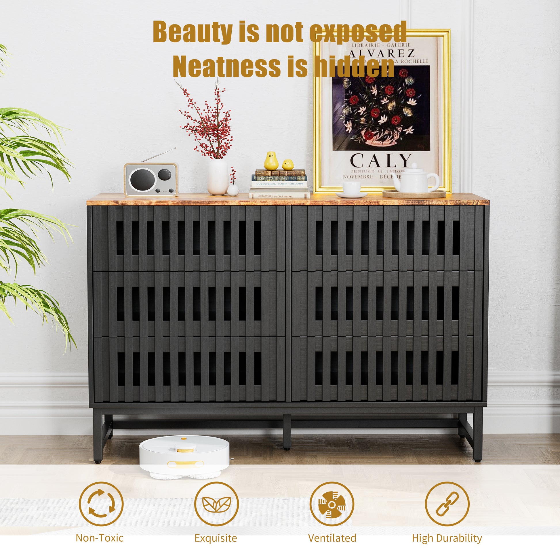 6 Drawer Double Dresser With Slatted Grille Striped Drawer, Modern Style Dresser, High Quality Mdf And Metal Leg Black Brown Mdf