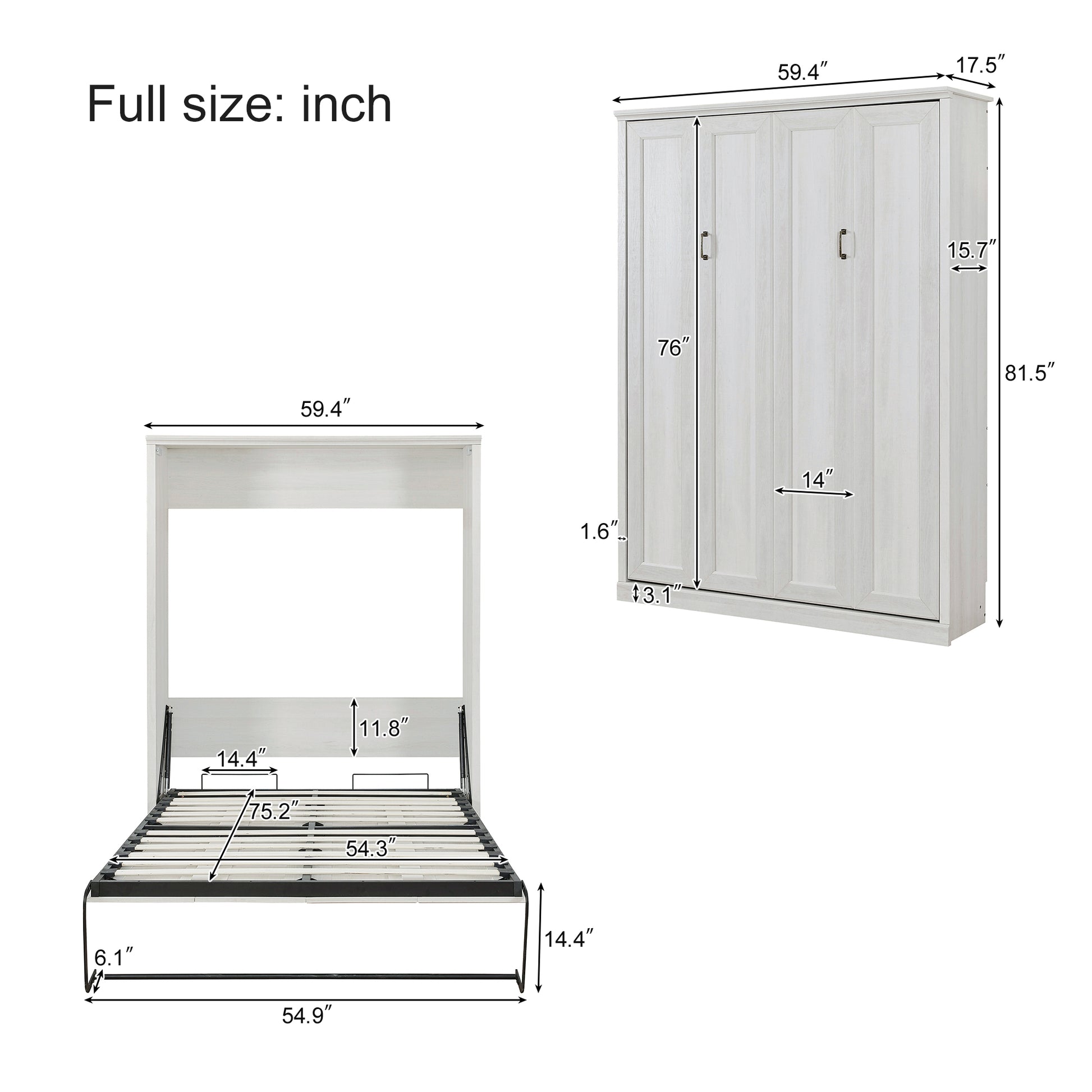 Full Size Half Self Close And Open Murphy Bed With 2 Side Cabinet Storage Shelf, Cabinet Space Saving Bed Perfect For Guest Room, Bed Room, Guest Room, Home Office, Rustic White Box Spring Not Required Full Rustic White Wood White Pine Murphy Solid Wood