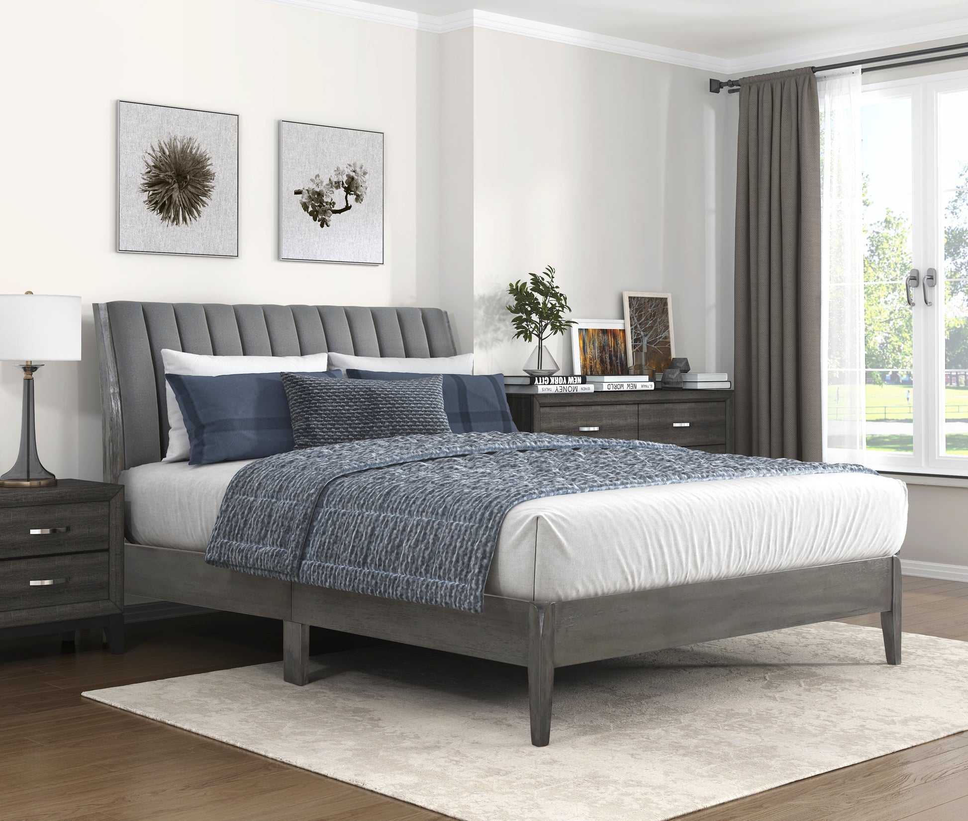 Modern California King Platform Bed 1Pc Velvet Upholstered Headboard Gray Finish Solid Wood Legs Bedroom Furniture, Bed In A Box Box Spring Not Required California King Gray Gray Wood Bedroom Velvet Engineered Wood