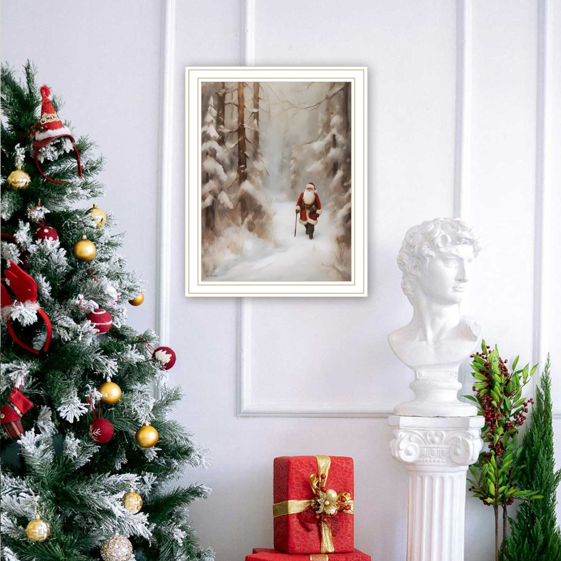Santa'S Winter Stroll White Framed Wall Art For Living Room, Holiday Wall Art Print For Home Decor, Bedroom Wall Art By Jo Moulton Multicolor Wood Paper
