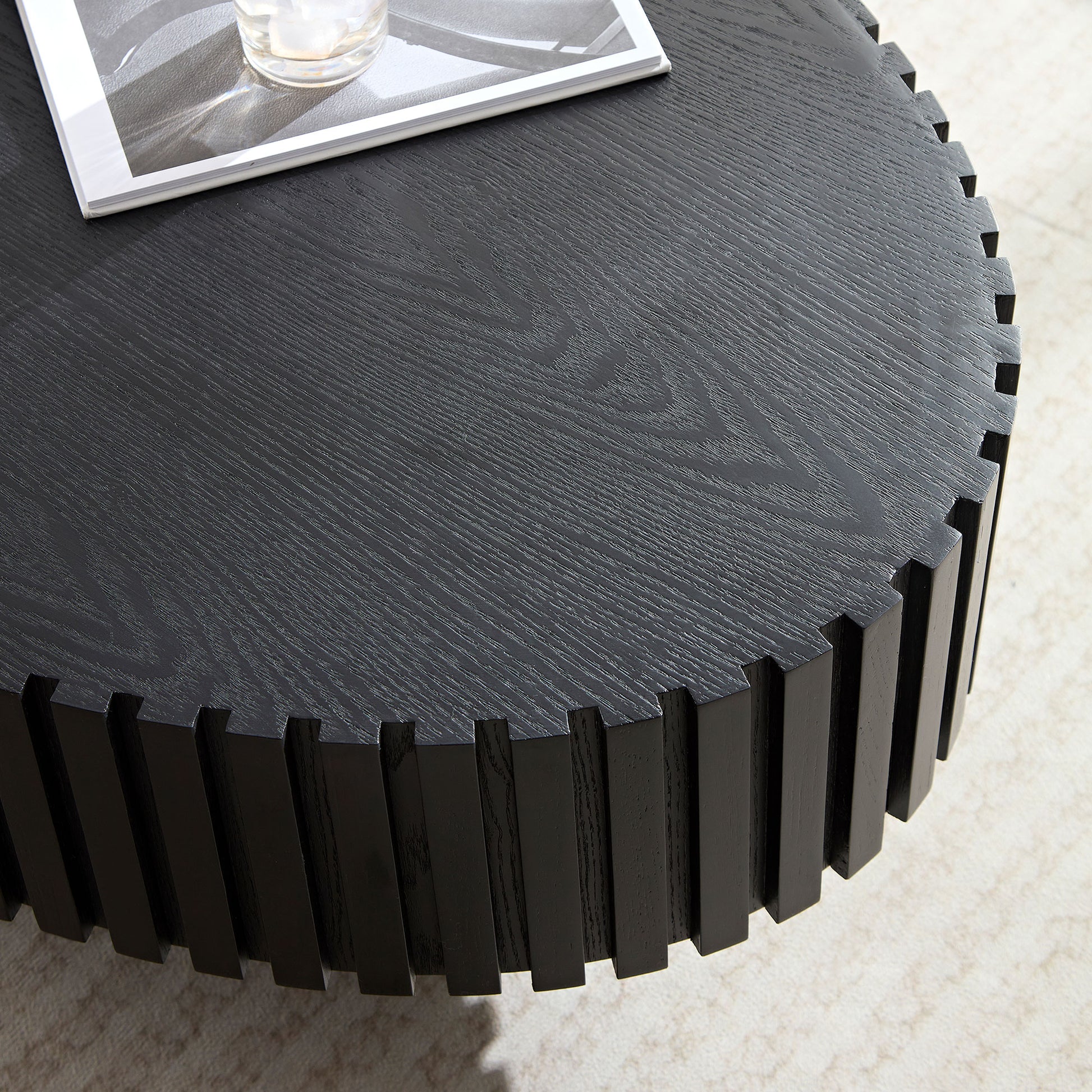 Modern Handcraft Drum Coffee Table Length 43.7 Inch Ellipse Coffee Table For Living Room,Oval Small Coffee Table With Sturdy Pedestal,Black Mdf Matt Black Mdf
