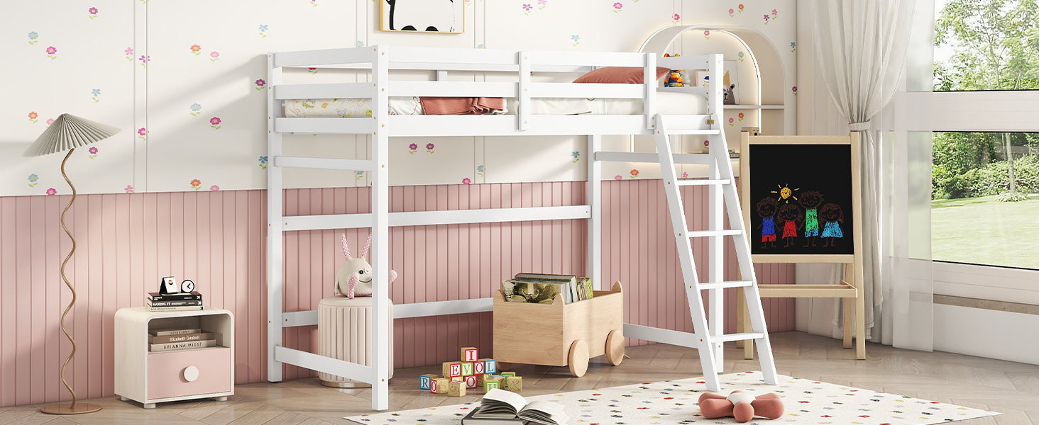 Twin Size High Loft Bed With Inclined Ladder, Guardrails,White Twin White American Design Pine